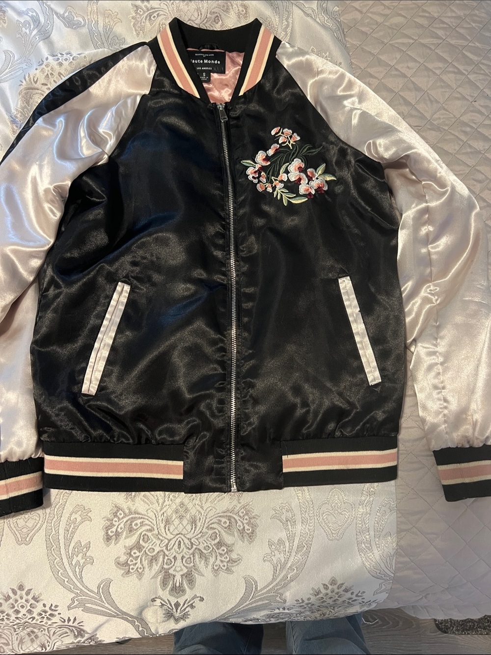 Haute Monde Black Satin Bomber Jacket with Cream Sleeves and Pink Trim